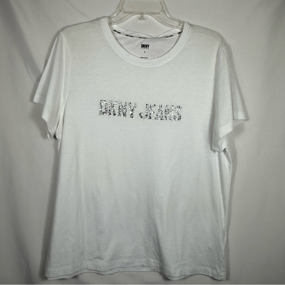 DKNY White Short Sleeve Shirt W/DKNY Logo In Silver Rhinestones, Size Large, NWT - Picture 6 of 16